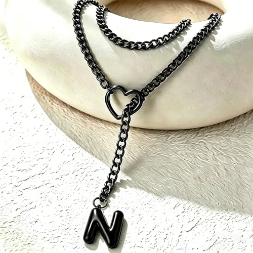 Black Heart Slip Chain Initial Necklaces for Women, Stainless Steel Wrap Choker Necklace, Gothic O-Ring Adjustable Lariat Y Necklaces, Punk Cuban Collar Choker Necklace, Halloween Jewelry Gift - color: Black N