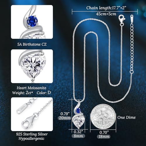 ANDSO Heart Moissanite Necklaces Birthday Jewelry Gifts for Women | S925 Silver /Gold Plating Birthstone Necklace, Ideal Anniversary Christmas Valentine Present for Mom Wife Her Girlfriend - style: Silver-2 Carat-Sapphire Royal Blue