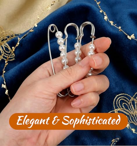 6Pcs Silver Brooch Pins for Women, Imitation Pearl Pin, Sturdy Fashion Pearl Brooch Pins for Clothes Hats Bags Daily Decoration(2.95 in)