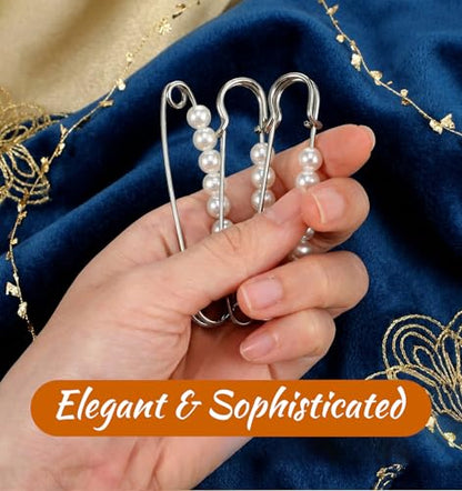 6Pcs Silver Brooch Pins for Women, Imitation Pearl Pin, Sturdy Fashion Pearl Brooch Pins for Clothes Hats Bags Daily Decoration(2.95 in)