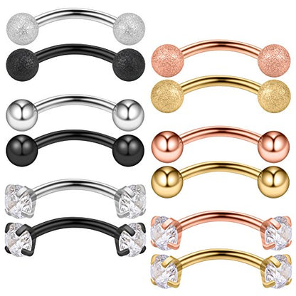 Ruifan 12PCS 16G 3/8Inch Clear Cubic Zirconia & Ball Curved Barbell Eyebrow Belly Lip Tragus Ring Piercing Jewelry 10mm - color: 12PCS - Mix Color