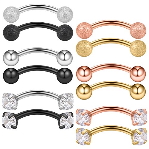 Ruifan 12PCS 16G 3/8Inch Clear Cubic Zirconia & Ball Curved Barbell Eyebrow Belly Lip Tragus Ring Piercing Jewelry 10mm - color: 12PCS - Mix Color