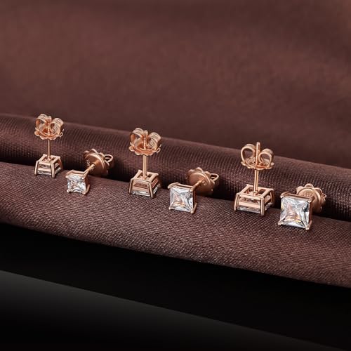 925 Sterling Silver Cubic Zirconia Stud Earrings for Women/Men Hypoallergenic Stud Earrings 4MM-8MM - style: F: Square Stud-Rose Color