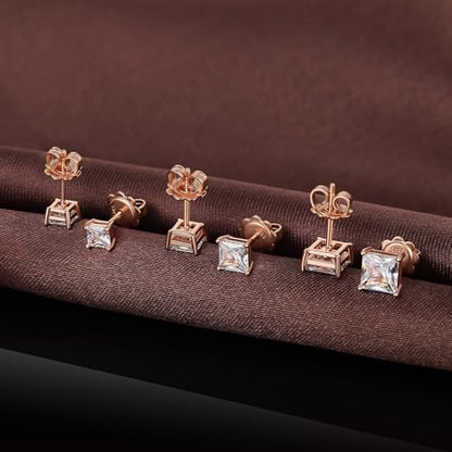 925 Sterling Silver Cubic Zirconia Stud Earrings for Women/Men Hypoallergenic Stud Earrings 4MM-8MM - style: F: Square Stud-Rose Color