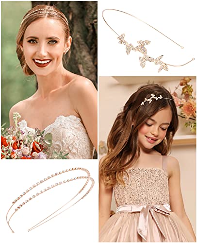 Wecoe 4 Pack AB Rhinestone Headbands Rose Gold Metal Headbands Flower Girl Bridal Wedding Headband Crystal Headpieces Flower Leaf Butterfly Headband Formal Hair Accessories For Women Girls Gifts - color: Rose gold band & AB rhinestones
