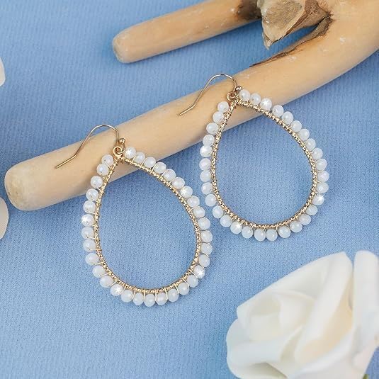 Boho Beads Teardrop Earrings Dangling Gold Hoop Earrings for Women - color: White