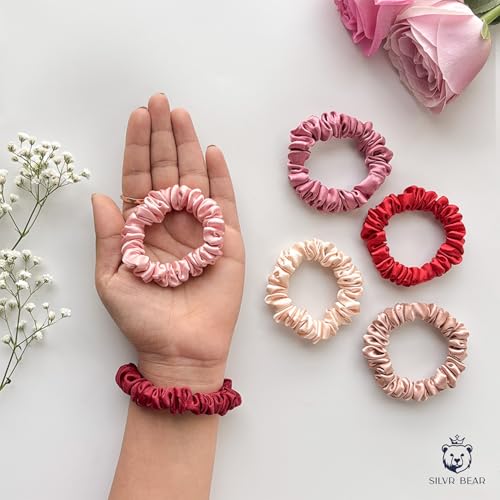 SILVR BEAR Luxury Satin Scrunchies, Satin Hair Ties for Thick, Thin & Curly Hair, Scrunchies for Women, Girls & Men Softer than Silk Hair Ties (Skinny Rose) - color: Rose Skinny
