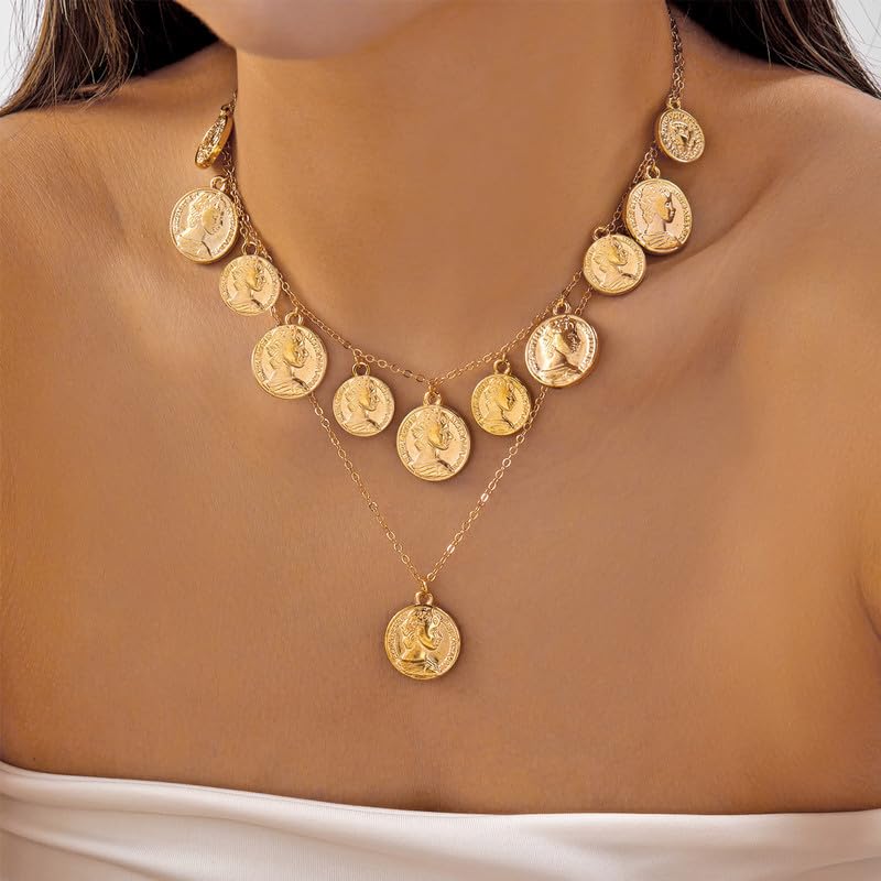 Gold Pirate Necklace for Women Layered Stack Charm Necklace Coin Pendant Necklaces Chunky Pirate Necklaces Pirates Costume Jewelry Accessories - color: gold3