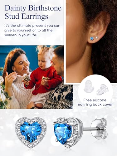 Suplight 925 Sterling Silver Birthstone Stud Earrings for Women, Round/Heart/Teardrop/Square Crystal Diamond Earrings for Women, Dainty Birthday Gifts Jewelry - color: style b-12. heart-December(Created Blue Topaz)