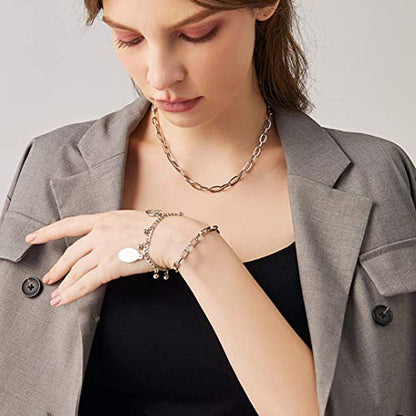 ChainsHouse Stainless Steel Herringbone Flat Chain Bracelets for Women,18K Gold/Rose Gold/Black Metal Paperclip/Snake/Cuban/Figaro Sterling Silver Link Charm Bracelet, 16+5cm Adjustable, With Gift Box - color: a. paperclip-platinum(hot!!!)