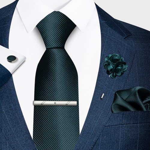 joy alice 30 Colors Solid Ties for Man Pure Color Men's Tie Set with Lapel Pin Pocket Square Tie Clip - color: Dark Green
