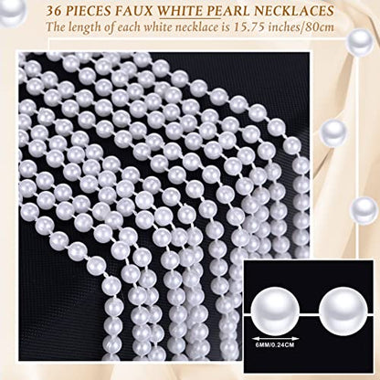 Sureio 36 Pack Long Pearl Necklace Fake Pearl Necklace Bulk Costume Jewelry for Women 1920s White Faux Beaded Strand Layered Accessories for Christmas Wedding Bridal Shower Tea Birthday Decor