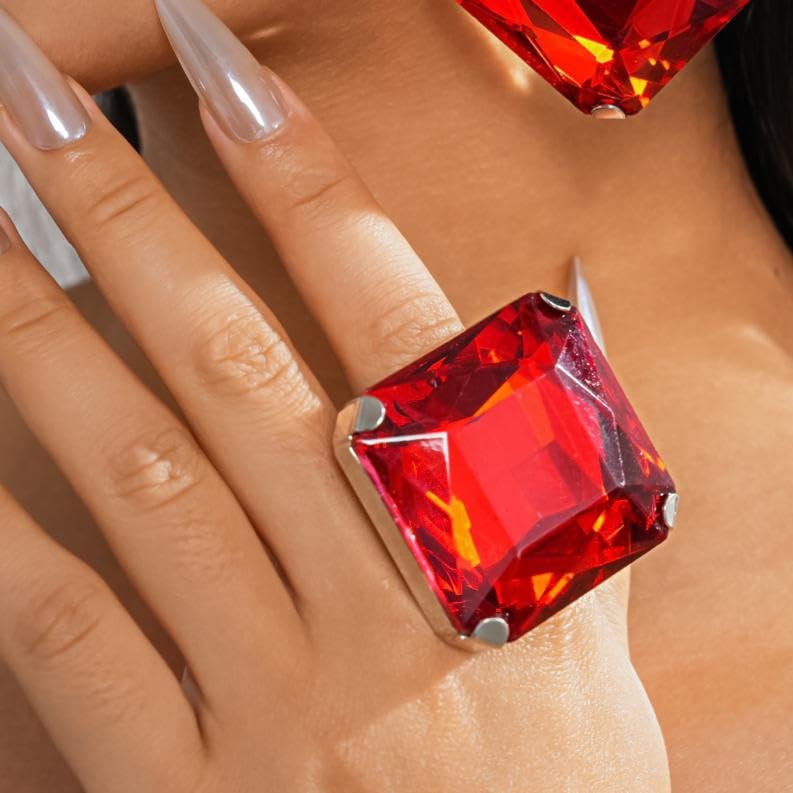 Chunky Oversized Huge Square Open Ring for Women Artificial Crystal Rhinestone Band Rings Statement Geometry Exaggerated Adjustable Cocktail Party Jewelry - color: Red