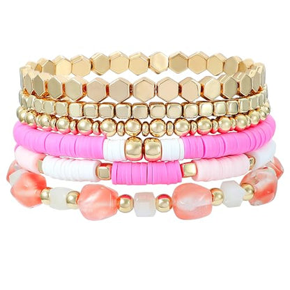 Summer Surfer Heishi Bracelet Set for Women Stackable Gold Plated Clay Ploymer Bead Stretch Pink Beach Layering Bracelets Jewelry - color: B-A7 plastic 6pc