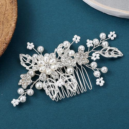 Flower Leaf Design Wedding Hair Comb, Metal Bridal Hair Accessory with Rhinestone, Wedding Prom Hair Clip Headpiece for Women (Silver Flower) - color: Silver Flower