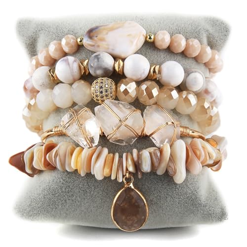 Yomisa 5PCS 6PCS Natural Boho Beaded Bracelets/Bangle for Women Men,Healing Turquoise Jasper Agate Crystal Gemstone Stone Chakra Multilayer Wrap Bohemian Handmade Jewelry Beads Stretch Bracelet Set - color: 5PCS-S Beige