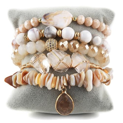 Yomisa 5PCS 6PCS Natural Boho Beaded Bracelets/Bangle for Women Men,Healing Turquoise Jasper Agate Crystal Gemstone Stone Chakra Multilayer Wrap Bohemian Handmade Jewelry Beads Stretch Bracelet Set - color: 5PCS-S Beige