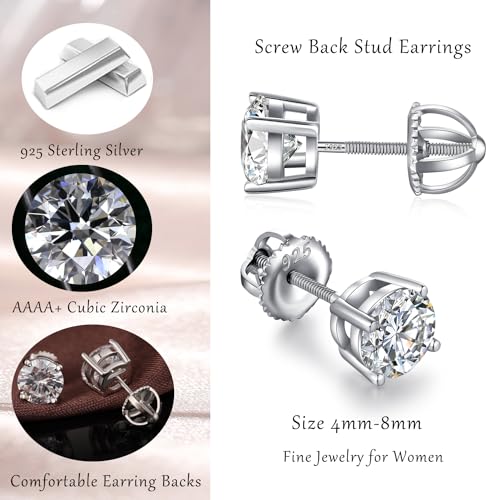 Jiamiaoi Stud Earrings Screw Back Sterling Silver Cubic Zirconia Stud Earrings Set 4 Millimeters-8 Millimeters Nickle Free Hypoallergenic Earring Studs - color: F-Round Zircon, size: 5mm