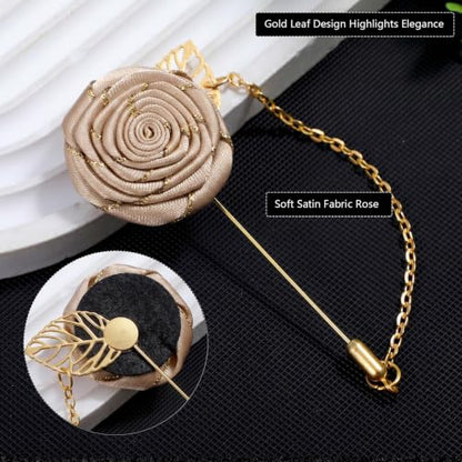 Gold Lapel Pin for Men, Gold Foil Brooch Men's White Flower Satin Lapel Pin with Metal Chain for Suits Professional Tuxedo Groom Wedding Brooch - color: Champagne