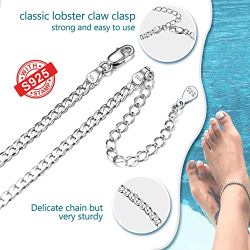 PROSILVER 925 Sterling Silver Ankle Bracelets For Women, Stylish Chain Anklets, Summer Beach Jewelry, 8.6-10.6 Inch Adjustable, Come with Box - style: 02 Cuban Anklet-3mm