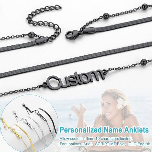 U7 Custom Layered Ankle Bracelets for Women Stainless Steel Bead/Cuban/Figaro/Rope/Wheat Chain Anklet Waterproof Anklet Jewelry for Beach Vacation - color: c-Black-Herringbone Chain