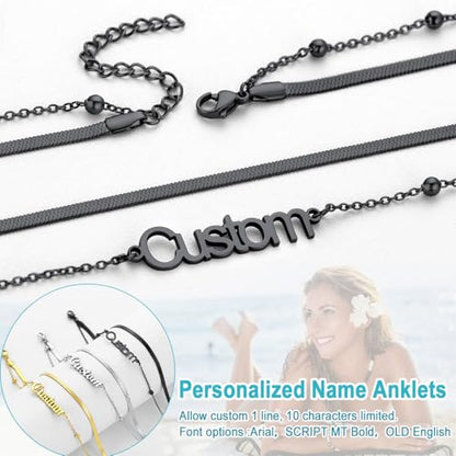 U7 Custom Layered Ankle Bracelets for Women Stainless Steel Bead/Cuban/Figaro/Rope/Wheat Chain Anklet Waterproof Anklet Jewelry for Beach Vacation - color: c-Black-Herringbone Chain