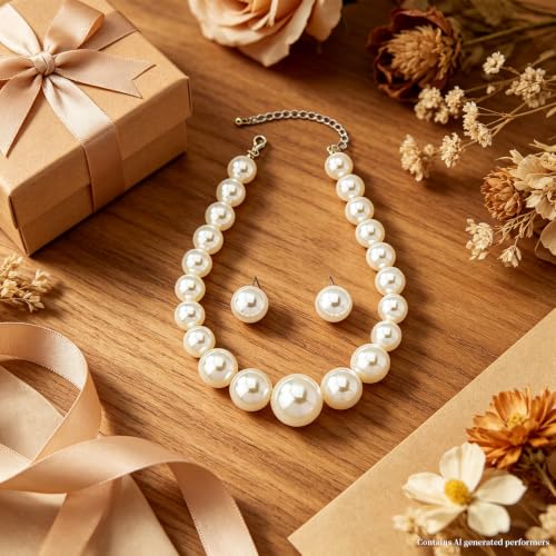 Chunky Pearl Necklace Earrings Set White Big Large Faux Pearl Pendant