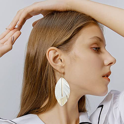 Bohemian Handmade Lightweight Color Large Genuine Soft Leather Fringe Feather Leaf Tear Dangle Drop Earrings for Women Statement - color: 2-White