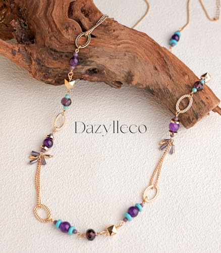 Long Gold Boho Necklaces for Women Beaded Statement Chain Long Necklace Gold Costume Jewelry Birthday Gifts for Her - color: Purple