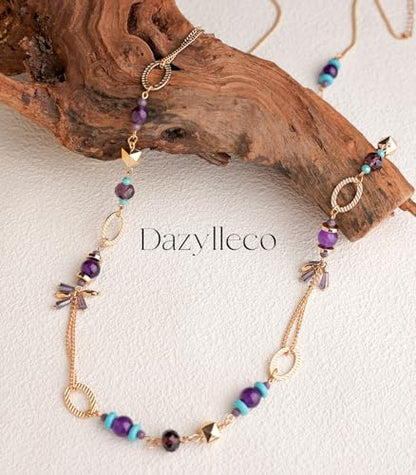 Long Gold Boho Necklaces for Women Beaded Statement Chain Long Necklace Gold Costume Jewelry Birthday Gifts for Her - color: Purple
