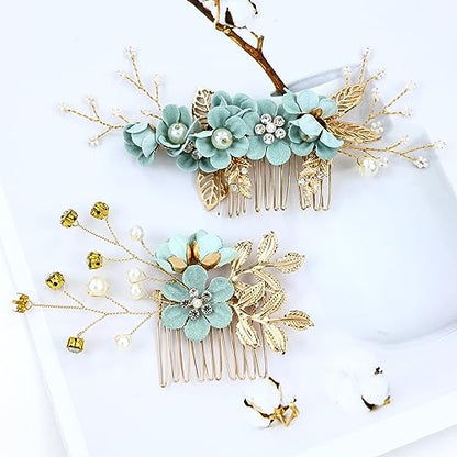 Cinaci 18 Pieces Bridal Wedding Party Prom Pearl Rhinestone Light Green Flower Hair Side Combs Slides+U-shaped Flower Hair Pins+Twist Spiral Hairpins Floral Headpieces for Brides Bridesmaids Women Gir - color: Light Green