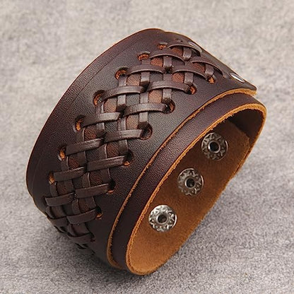 Jeilwiy Punk Leather Wristbands for Men Bracelets Handmade Wide Cuff Bangle Braided Jewelry Black Brown Adjustable - Punk Father's Gifts - color: Leather Cuff