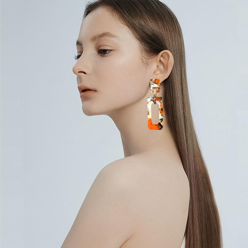 Boho Lightweight Retro Simple Acrylic Splicing Rectangle Earrings for Women Creative Exaggerated Statement Dangle Drop Earrings Jewelry - color: Orange Color Acrylic Rectangle Earrings