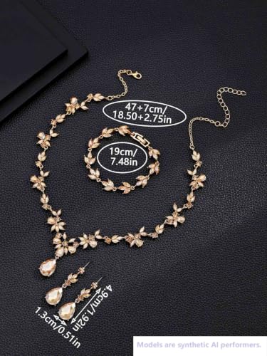 Kamirola Bridal Jewelry Set, Jewelry Set for Women, Necklace Dangle Earrings Bracelet Set, White Gold Plated (TR76) - color: Champagne