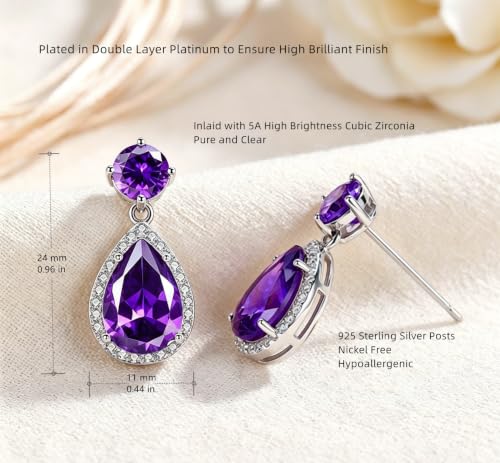 Drop Dangle Earrings Teardrop Gemstone Waterdrop White Gold Plated Crystal Hanging Cubic Zirconia Ruby Sapphire Emerald Jewelry Gift for Women Mother Wife - color: Purple