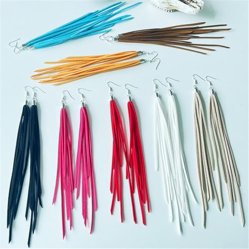 Leather Tassel Earrings Bohemian Tassel Fringe Dangle Earrings Boho Handmade Leather Feather Long Tassel Earrings Western Jewelry for Women - color: White