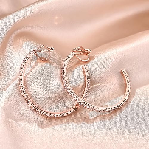 YOQUCOL 4.3CM(1.7in) Clip On Hoop Earrings Cubic Zirconia Non Pierced Ears Hoops for Women - color: Rose Gold