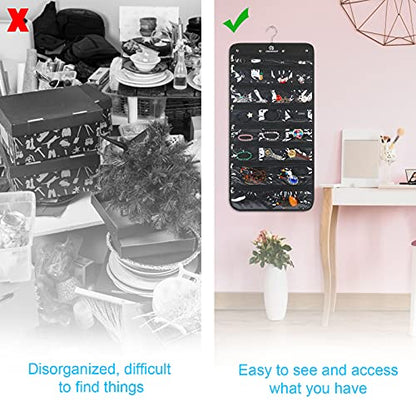 Hanging Jewelry Organizer with 50 Transparent Pockets, 360° Rotating Hanger & Secure Zipper Closure - Foldable Double Sided Jewelry Storage Bag for Earrings, Rings, Necklaces, Bracelets (Black)