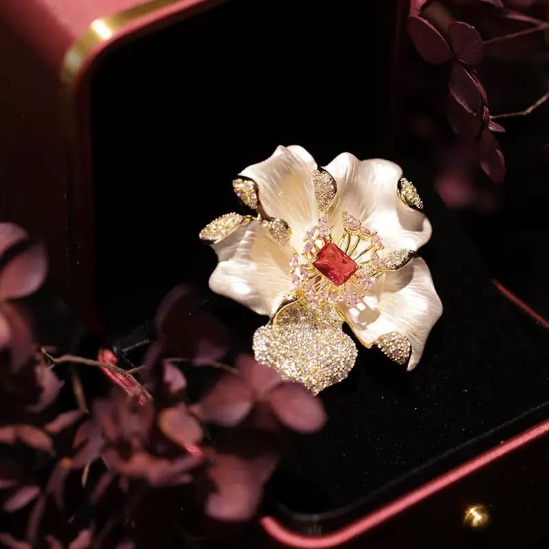 Luxury Camellia Flower Brooch, Sparkling Crystal & Rhinestone Pin with Teardrop Pendant for Women, Elegant Statement Jewelry for Wedding, Party, or Daily Wear - style: Victorian