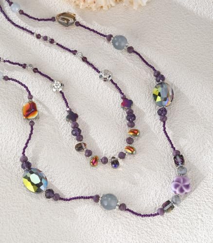FULU AUTUMN Long Layered Beaded Necklaces for Women Statement Double Bead Strand Ceramic Flower Boho Jewelry Gifts for Mom - color: Purple