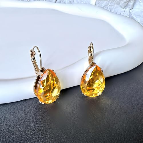 14K Gold Teardrop Crystal Leverback Earrings Sparkly Rhinestone Water Droplet Dangle Drop Earrings For Women - color: Orange