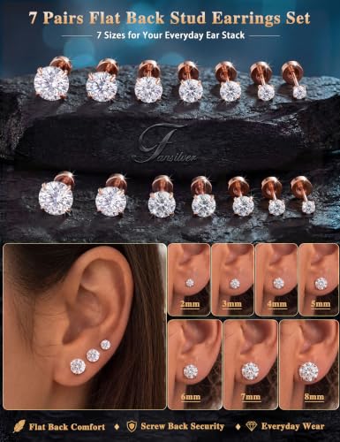 Fansilver 20G Hypoallergenic Flat Back Earrings for Women Men Silver 14K Gold Stainless Steel Stud Earrings Birthstone Cubic Zirconia Studs Surgical Steel Cartilage Earrings for Sensitive Ears - color: Rose Gold
