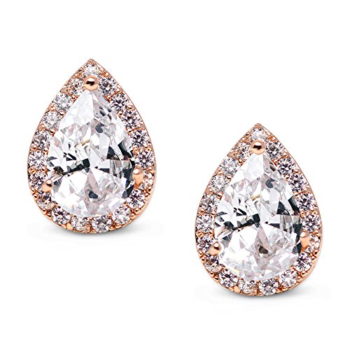 SWEETV Teardrop Bridal Wedding Earrings for Brides, Women | Elegant Pear shaped Cubic Zirconia Stud Earrings, Teardrop Bridal Jewelry, for Prom, Bridesmaid Gifts and Formal Wear - color: 1.Rose Gold