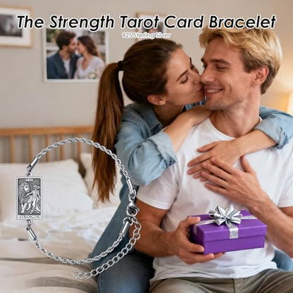 PELOVNY Tarot Card Bracelet 925 Sterling Silver Moon Cat Sun Sunflower Lovers Skull Pendant Lion Anklet Spiritual Tarot Jewelry Christmas Birthday Gifts for Women Men - style: Strength