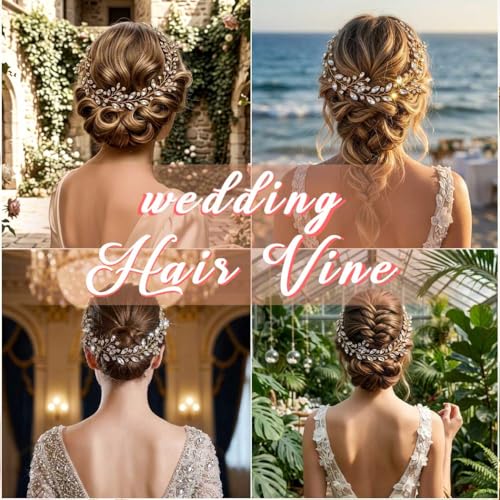 Gold Rhinestone Wedding Hair Vine Bridal Hair Accessories Crystal Hairpieces for Women(Gold) - color: gold