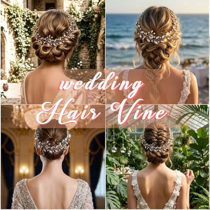 Gold Rhinestone Wedding Hair Vine Bridal Hair Accessories Crystal Hairpieces for Women(Gold) - color: gold