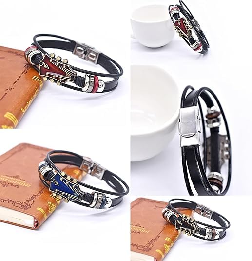 3 Set Retro Guitar Leather Bracelet For Man, Handmade Braided Zinc Alloy Rock Music Multi-Layer Wrap Bracelets Unique Punk Style Gifts Jewelry - color: 3 Pcs Set