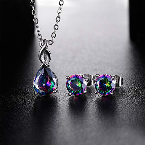 VOLUKA Created Opal/Amethyst/Mystic Topaz Pendant Necklace for Women,18K White/Rose Gold Plated Chain Wedding Engagement Jewelry Gift - color: G-Teardrop rainbow jewelry set