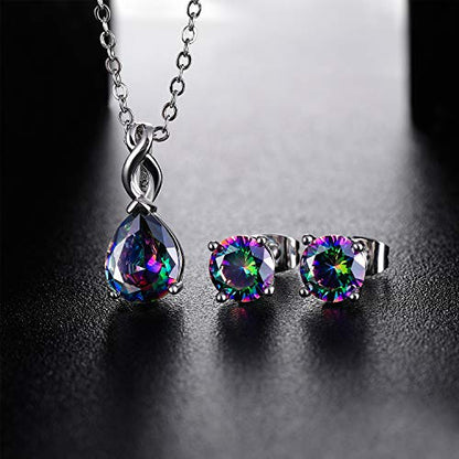 VOLUKA Created Opal/Amethyst/Mystic Topaz Pendant Necklace for Women,18K White/Rose Gold Plated Chain Wedding Engagement Jewelry Gift - color: G-Teardrop rainbow jewelry set