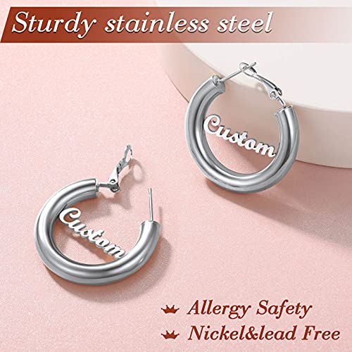 FindChic Hoop Earrings for Women, Silver/Black/14K Gold Plated Hypoallergenic Hollow Round Tube Loop Earrings, 20mm/30mm/40mm/60mm/80mm Chunky Hoops with Custom Name Options & Gift Box - color: e.Silver (Custom Name), size: 30MM